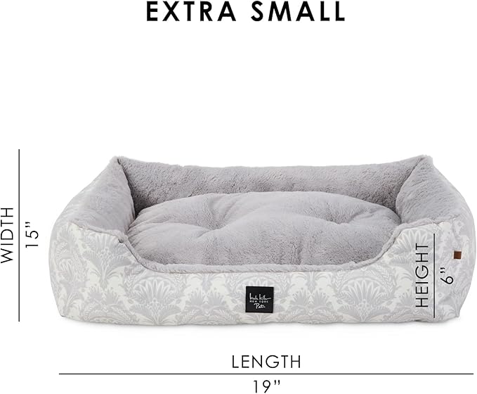 Nicole Miller New York PET Mod Damask Plushy Bolster Pet Bed, Cozy & Calming, Non-Slip Bottom, Machine Washable Cover, Grey, Extra Small 19"x15"x6"
