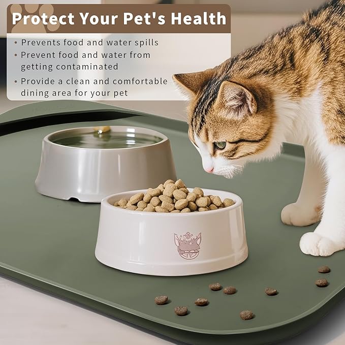 Silicone Pet Feeding Mat with Raised Edge & Residue Collection Pocket for Food and Water, Dog Bowl Mats, Cat Bowls Placemat with High Lip for Floor Waterproof, 24 x 16 x 0.8 Light Olive Green