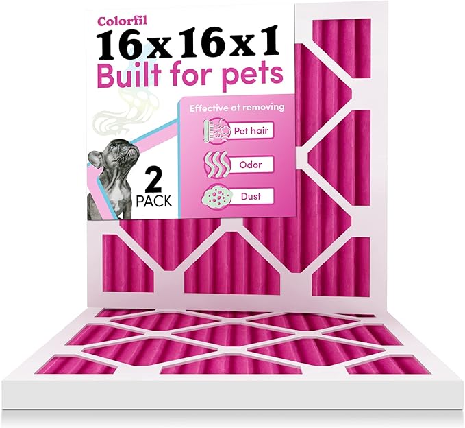 16x16x1 Air Filter by Colorfil | Color Changing Filters for Cat and Dog Odor | MERV 8 Furnace AC Filter for Pet Hair and Dust | 15.75"x15.75"x0.75" Exact Size | Pack of 2