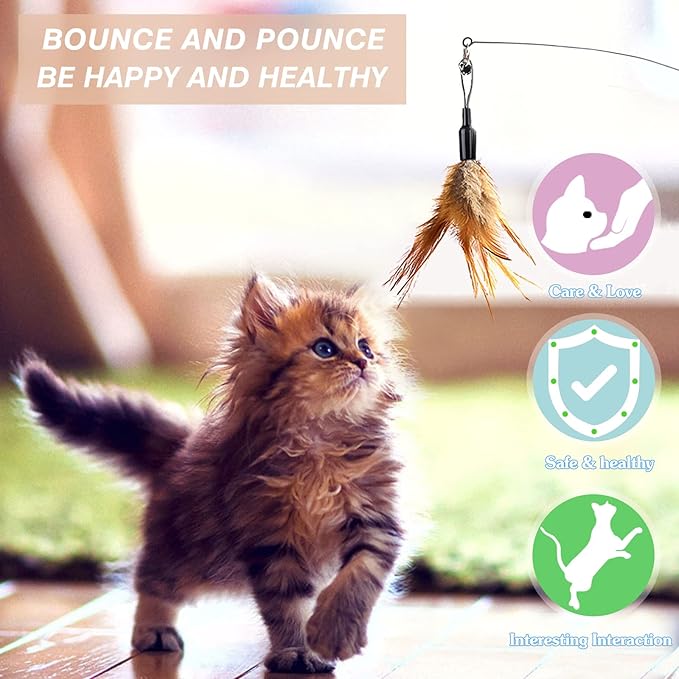 Pawaboo Feather Teaser Cat Toy - Interactive Wand with Extra Long 34.5" Wand and Small Bell, Fun Exerciser Playing Toy for Kittens or Cats, Brown Feather