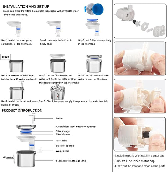 Cat Water Fountain, Stainless Steel Pet Water Fountain for Cats Inside, 3 Filters&Ultra-Quiet Pump, 2.2L/73oz Automatic Dog Dispenser Water Bowl, Multiple Pets Water Fountain