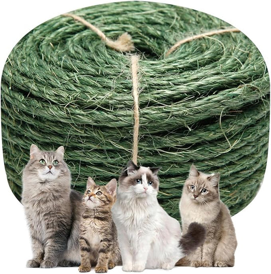 Green Sisal Rope 1/4 Inch by 98-Feet for Cat Scratching Post Tree Tower Replacement Repair and Replace, DIY Hemp Twine Rope for Kittens Shelves Furniture Window Bed Perch House Climbing, 6mm by 30m