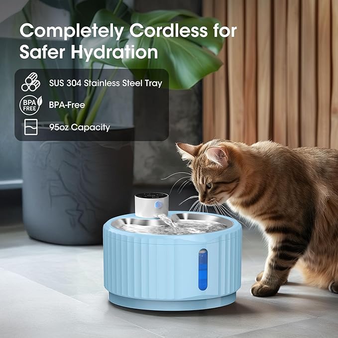 Wireless Cat Water Fountain, 94 oz/2.8 L Battery Operated Pet Water Fountain for Cats Inside, Automatic Dog Water Fountain with Stainless Steel Tray, Motion Sensor, Quiet Pump (Blue)