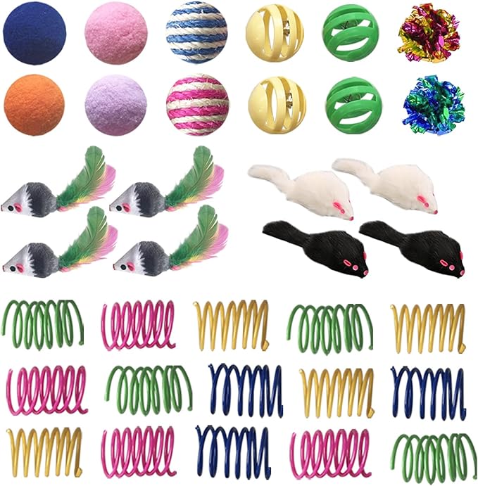 AGYM Cat Toys for Indoor Cats, 35 Packs Interactive Cat Toys Set with Colorful Springs, Mouse Cat Toy, Crinkle, Sisal, Pompom and Color Bells Balls for Kittens
