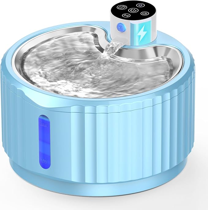 Wireless Cat Water Fountain, 94 oz/2.8 L Battery Operated Pet Water Fountain for Cats Inside, Automatic Dog Water Fountain with Stainless Steel Tray, Motion Sensor, Quiet Pump (Blue)