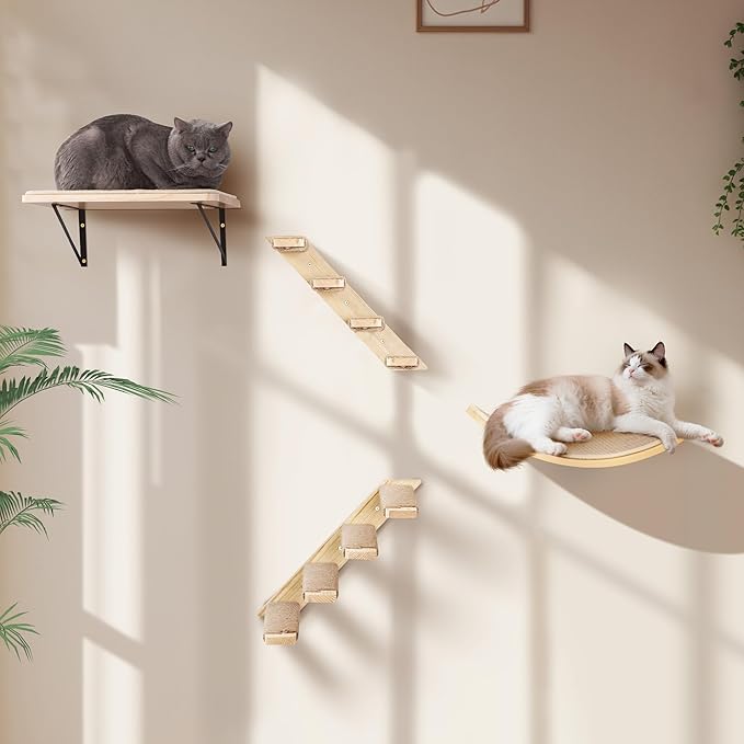 Wall Mounted Cat Shelves Set for Large Cats, 4 Piece Wood Cats Wall Furniture with Sisal-Padded Bed, Flat Perch and 2 Climbing 4-Steps Stairs