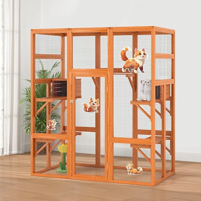 COZIWOW 70Inches Large Spacious Wooden Outdoor Catio with Perches and Condos, Cat Catio Enclosures Indoor Kitty Window Kennel with Waterproof Roof, 7 Platforms & 2 Resting Box, UV Resistant(Orange)