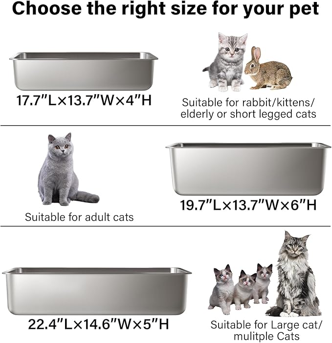 Stainless Steel Litter Box 2 Pack,XL Metal Litter Box for Cat,Easy Clean Non Stick No Smell Metal Litterbox for Kitty/Multi-Cats