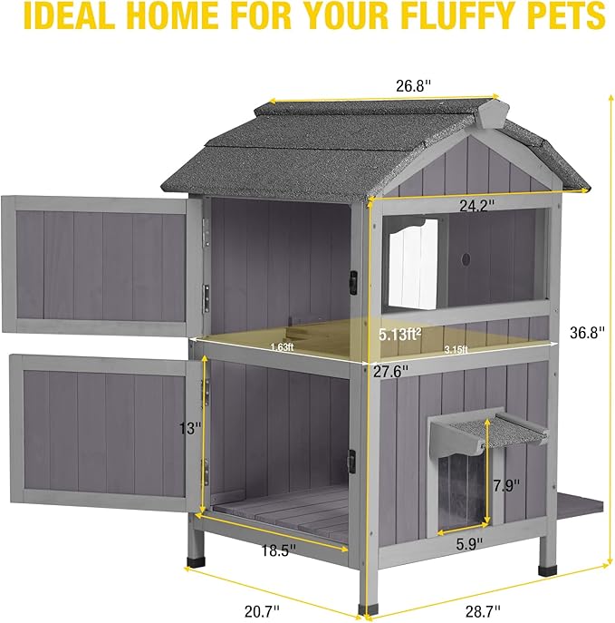 Aivituvin Outdoor Cat House,Two-Story Feral Cat Shelter,Weatherproof Cat Enclosure for Winter with Escape Doors