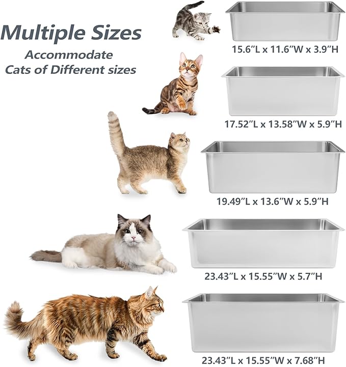 Kirecoo Stainless Steel Cat Litter Box - Metal High Sided Cat Pan, Large Stainless Steel Box, Indoor Litter Tray, Non Stick, No Smell, Easy to Clean, Pet Toilet Supplies for Kitten, Kitty, Rabbit