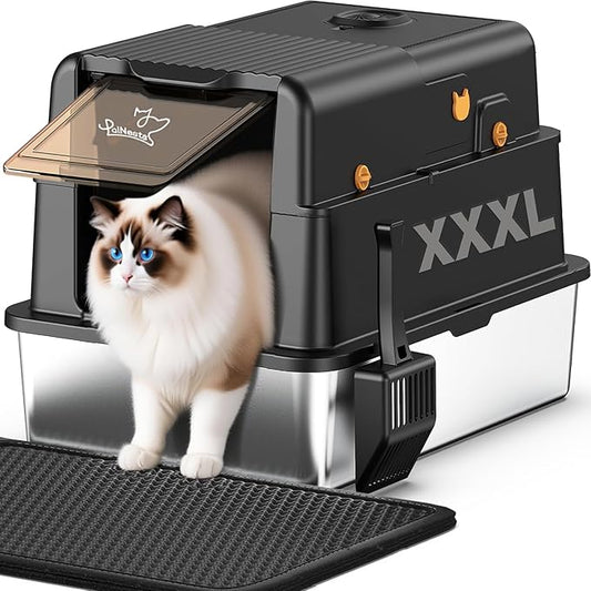 L8 Max-XXXL Stainless Steel Litter Box with Lid, Extra Large Enclosed Metal Cat Box for Large & Multi-Cats, Odor Control-Cat Litter Deodorizer, High Sided Enclosure with Scoop&Mat, Anti-Leakage-Black