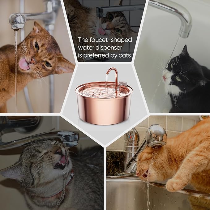 Tomxcute Cat Water Fountain Stainless Steel - 108oz/3.2L Cat Fountain for Drinking- Large Capacity Pet Water Fountain - Copper Surface