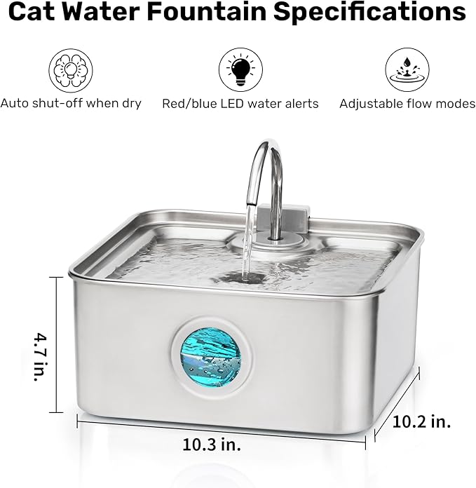 FUKUMARU Dog Water Fountain, 1.8 Gal/236oz/7L Water Tank Ultra Quiet Pump (28.5dB) & 4-Stage Filter System Stainless Steel Kitty Water Fountains for Multi-Cat/Dog Homes, with 3 Filters