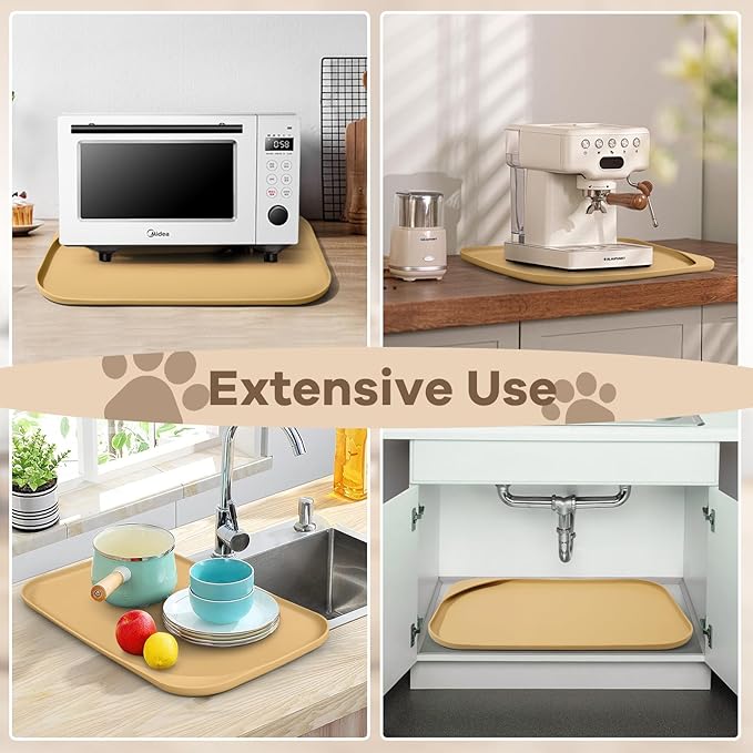 Silicone Pet Feeding Mat with Raised Edge & Residue Collection Pocket for Food and Water, Dog Bowl Mats, Cat Bowls Placemat with High Lip for Floor Waterproof, 22 x 14 x 0.8 Beige
