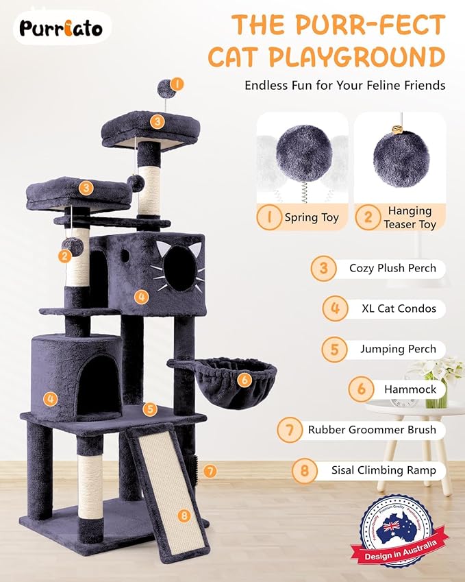66in Multi-Level Large Cat Tree Tower for Indoor Cat/Kitties, Mordern Cat Tower with Sisal Scratching Posts, Condos and Hammock, Perches, Ramp for Climbing Heavy Duty
