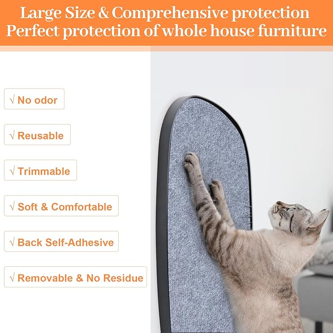 Uranshin Cat Scratch Mat,Trimmable Self-Adhesive Cat Scratch Furniture Protector Cat Scratching Post Carpet Covered 78.7"x15.8" Cat Couch Protector from Cat Claws (Light Grey)