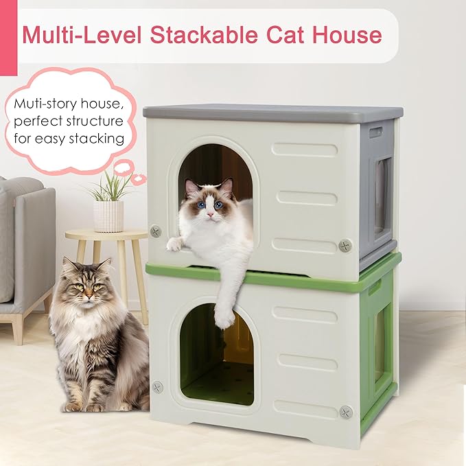 Plastic Cat House for Outdoor Indoor, Waterproof Outdoor Cat House with Escape Door for Feral Cats Outside Cat Shelter for Small Pet, Spacious, Assemble Easily -Grey
