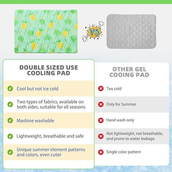 KOOLTAIL Cat Cooling Mat, Upgraded Two Sided Cooling Pad for Dogs Cats Puppy, Soft Pet Sleeping Blanket Keep Cool in Summer with Cute Fruit Pattern, Washable Waterproof for Crate Sofa Bed, Green S