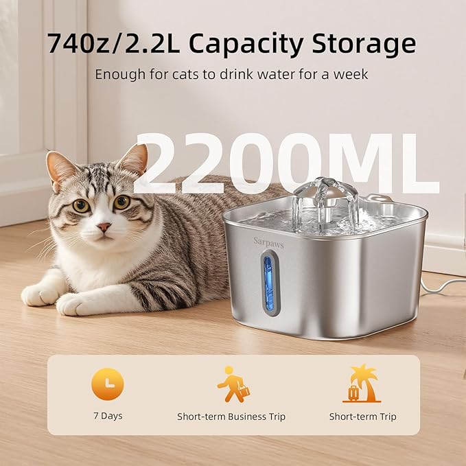 Cat Water Fountain Stainless Steel:74oz/2.2L Water Fountains for Cats Indoor, Cat Fountains for Drinking, Ultra-Quiet, Water Level Window, Pet Water Fountain - 6 Filters + 3 Sponges