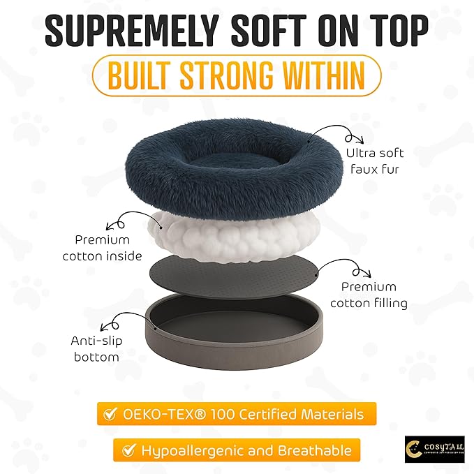 Anti-Anxiety Donut Pet Bed, Round Plush Faux Fur, Washable, Deep Blue, Small to Medium Dogs and Cats (Deep Blue, Large)