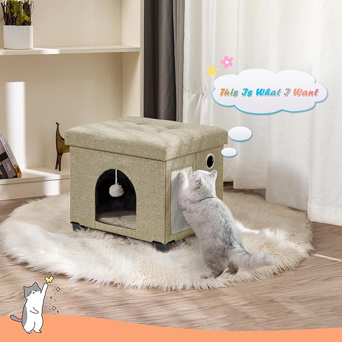 BRIAN & DANY Foldable Cat House for Indoor Cats, Large Cat Cube for Pet Cave with Scratch Board & Ball, 14.7" x 14.1” x 12.7”, Light Khaki