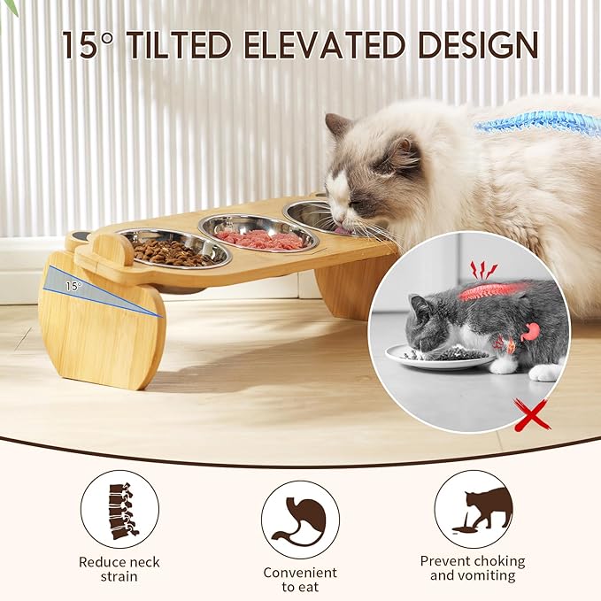 Tilted Elevated Cat Food Bowls Set: Raised Pet Dishes for Cats & Puppy with 15°Tilted Bamboo Stand, Stainless Steel Food & Water Bowl and Pet Feeding Mat | Anti Vomiting (3 Bowls | Little Monster)