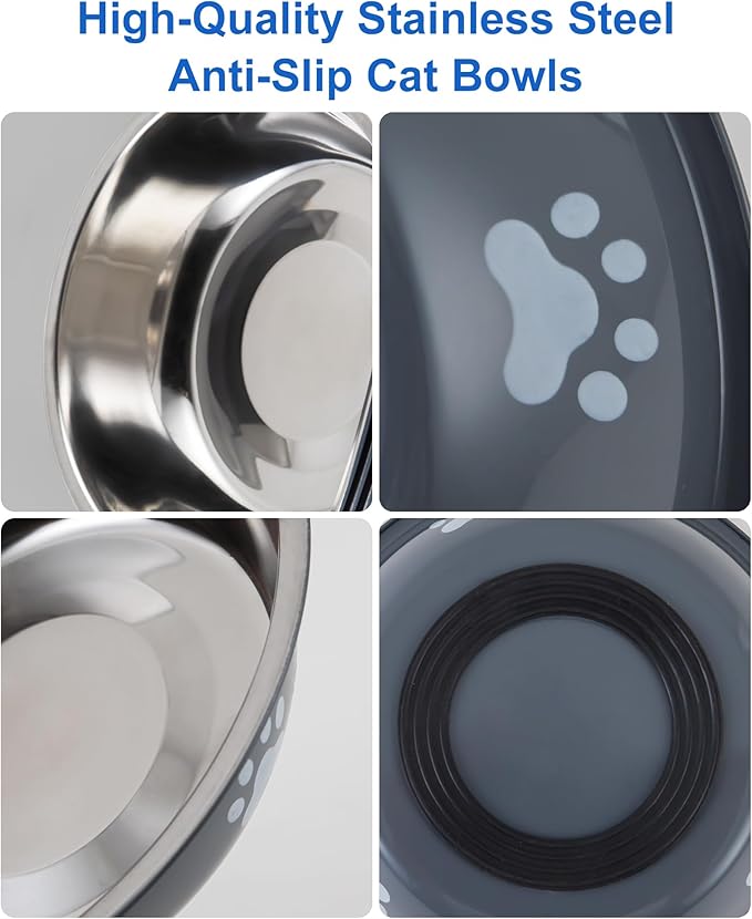 6 PCS Stainless Steel Cat Bowls, Non-Slip Stainless Cat Food Bowl Metal Cats Dishes Whisker Fatigue Kitten Plates Shallow Wide Kitten Bowls, 5.5” Whisker Friendly Food Dish (Grey 6 PCS)