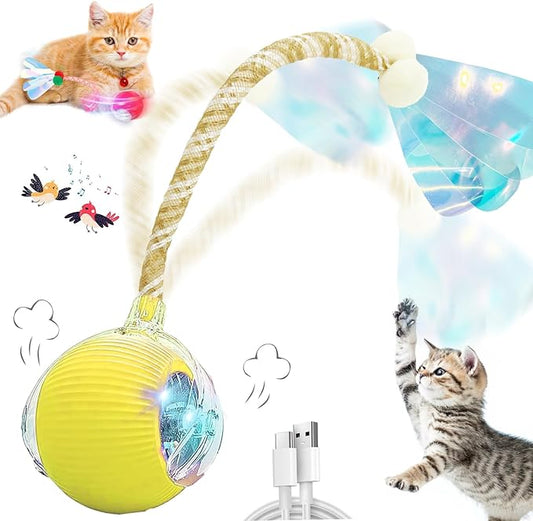 Interactive Cat Toys for Indoor Cats, Automatic Cat Toy with Elastic Mesh Tail, Electric Rolling Ball on Carpet, Chirping and Motion Activate Cat (Yellow)