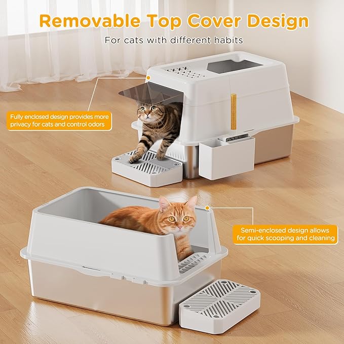 Stainless Steel Litter Box with Lid, XL Closed Metal Litter Box Modular Design with Flip Lid Fits All Cats, Extra Large Covered High Sided Cat Box, Scoop, Non-Sticky, Easy Cleaning, White