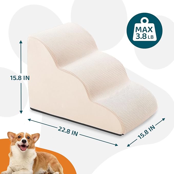 Dog Steps for Small Pets, Dog Stairs for High Beds and Couch, 16" 3-Step High Density Foam Pet Stairs for Dogs Injured, Older Dogs Cats, Pet with Joint Pain (Beige)