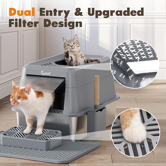 Rywell Stainless Steel Litter Box, Covered XL Extra Large Cat Litter Box Enclosure, Metal Kitty Litter Boxes with Lid, Litter Scoop, Filter Pedal and Litter Mat, Anti-Leakage, Non-Stick, Easy to Clean