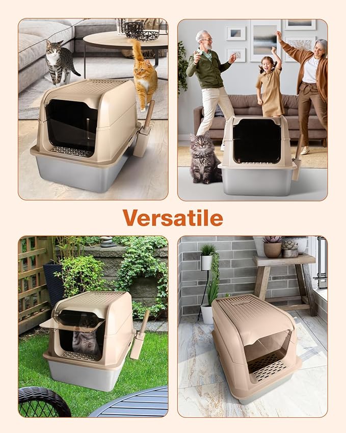 Stainless Steel Litter Box with Lid - Extra Large Cat Litter Boxes for Big Cats with Mat & Scoop - Anti-Leakage, Odor-Proof, High-Sided, Non-Stick& Easy to Clean - Ideal for Multi-Cat Homes - Khaki