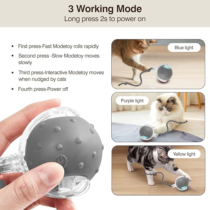 Electric Interactive Cat Toy Ball - Automatic Rolling Silicone Cat Toys for Indoor Cats, Durable Chew-Proof Motorized Kitty Ball with LED Light, Fun Exercise Toys for Bored Kittens(Grey)