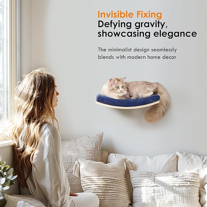 Curved Cat Shelves and Perches, Floating Cat Wall Bed with Comfortable Cushion