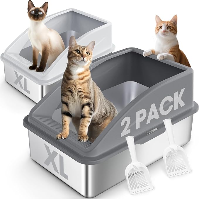 2 Pack Stainless Steel Litter Box | XL Enclosed Cat Litter Boxes with Lid for Big Cats and Multi-Cats | High Sided, Anti-Urine Leakage | Non-Stick Bottom(Multi-Colored)