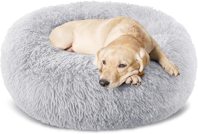 Calming Donut Dog Bed Medium Size Removable Cover + 2 PCS Cooling Rattan Pet Mat, Fluffy Comfort Anti-Anxiety Washable Round Pets Bed with Double-Sided Cool Pad for Medium Dogs/Cat, 31" Gray
