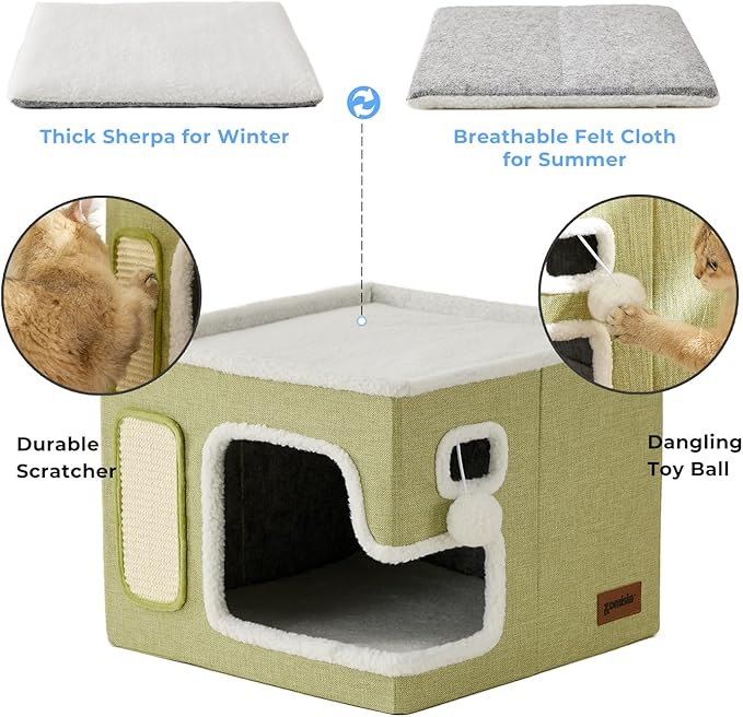 Cat Beds for Indoor Cats - Large Cat House for Pet with Fluffy Ball Hanging and Scratch Pad, Foldable Cat Hideaway,16.5x16.5x13 inches, Grey