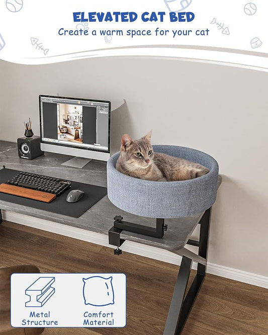 Cat Desk Bed, 360° Rotating Elevated Desk Cat Bed, Adjustable Desk Kitten Bed Up to 55 LBS, Washable Soft Fabric Pet Desks Nest Beds, Modern Indoor Cat Nest Furniture for Home, Office, Study and Room