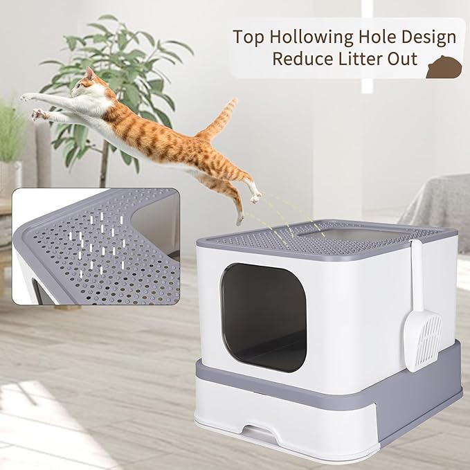 RIZZARI Stainless Steel Cat Box: Enclosed Design with High Walls - Light Gray - Large Litter Pan for Odor Control Indoors