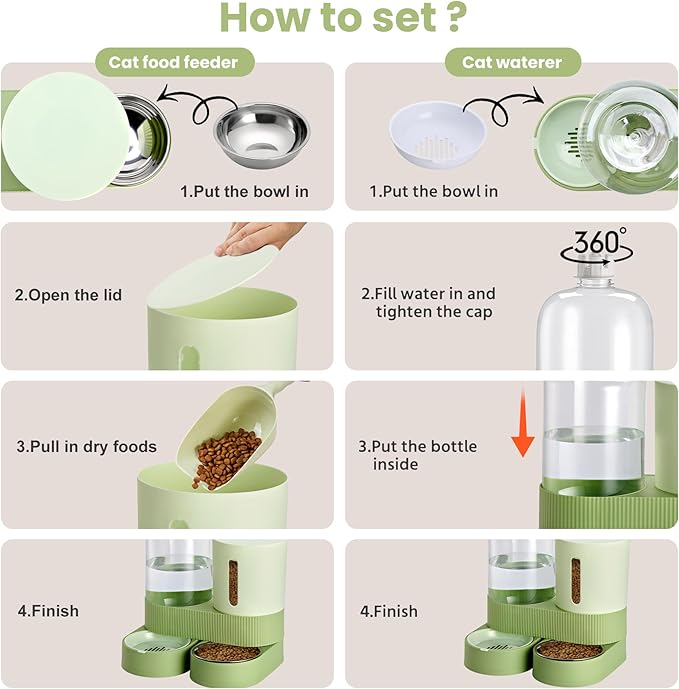 Automatic Dog Cat Water Dispenser Gravity Feeder and Water Dispenser Stainless Steel 2-in-1 Set Large Capacity Dispenser for Pets Dogs, Puppies, Kittens(Green)