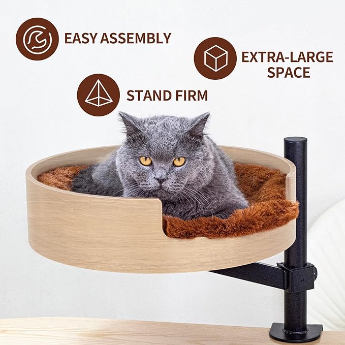 Cat Bed Desk with Pet Mat, Cat Hammock for Desk, ZBUQ Cat Bed Desk with Wooden Bowl, 360° Rotation and Adjustable Height, Light Brown