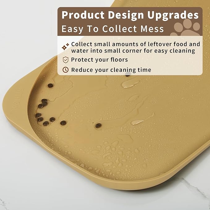 Silicone Pet Feeding Mat with Raised Edge & Residue Collection Pocket for Food and Water, Dog Bowl Mats, Cat Bowls Placemat with High Lip for Floor Waterproof, 19 x 12 x 0.7 Beige