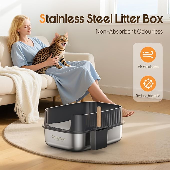 Stainless Steel Large Cat Litter Box, 23.6''×16.9''×10.6'' XXL Cat Litter Box with High Sides,Easy to Clean,Non-Sticky,Leak and Splash Proof(Gray),with Cat Litter Scoop.