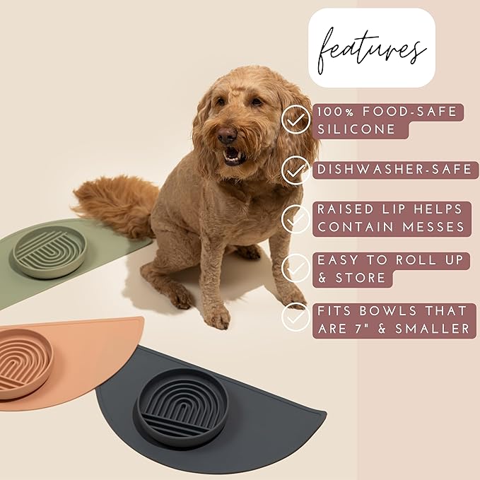 Waterproof Silicone Pet Food Mat - Non-Slip, Spill-Proof Feeding Mats for Floors, Raised Edge Design, Easy-to-Clean Mat for Dog & Cat Bowls, 21" Across x 10.5" Deep, Medium-Natural Sand