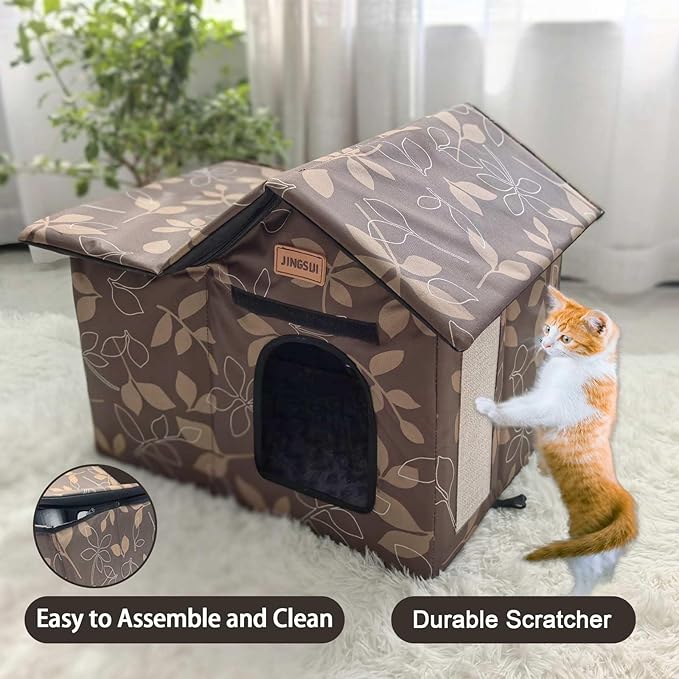 Indoor and Outdoor Cat House - Large Cat Hole, Insulated and Weatherproof Resistant Outdoor Wildcat House ,Foldable Cat Hideaway,19.5x17.5x13.5 inches, Brown