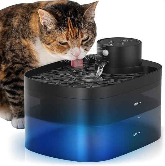 Battery Operated Cat Water Fountain, 84OZ/2.5L Wireless Pet Water Fountain for Cats Indoor, Cat Fountain with Motion Sensor, Ultra Quiet Pump, Black (Black+4Filters+4Sponges)