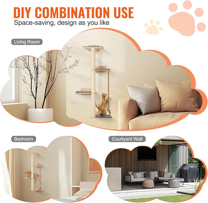 VEVOR 4 Tiers Tall Cat Wall Furniture Set with 4 Jumping Boards, Wall-Mounted Cat Floating Shelf up to 40 lbs, 12 mm Pine Wood Perch for Sleeping, Playing, and Climbing