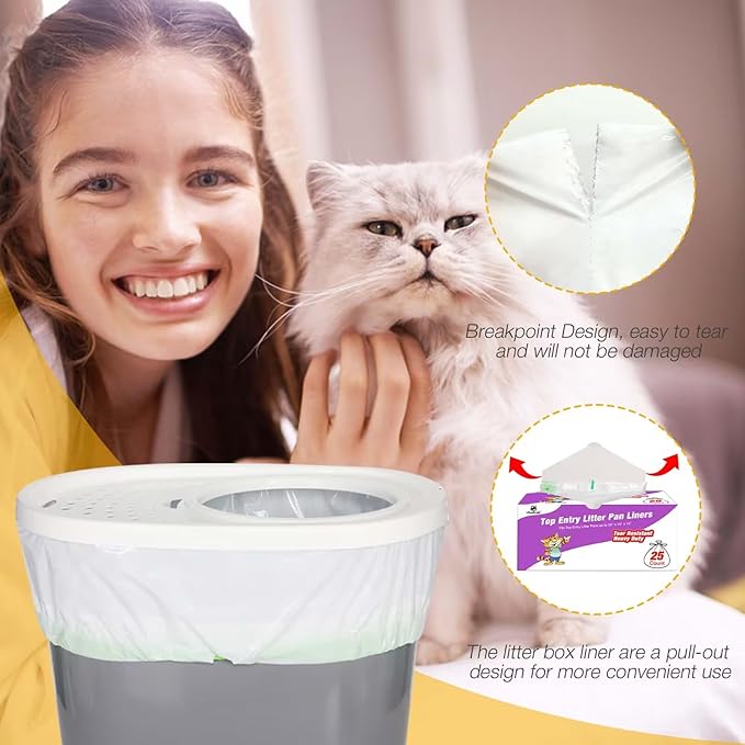Cat Litter Box Liners Compatible with Top Entry Litter Pans Model, Heavy Duty Tear Resistant Large Litter Pan Liners 25 Count Drawstring Litter Liner Bags