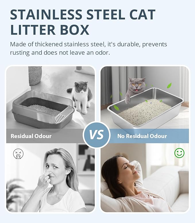 Stainless Steel Cat Litter Box, 6in Cat Litter Pan for Large Cats and Rabbits, Extra Large Metal Litter Box High Sides Odor Control Anti-Corrosion Nonstick