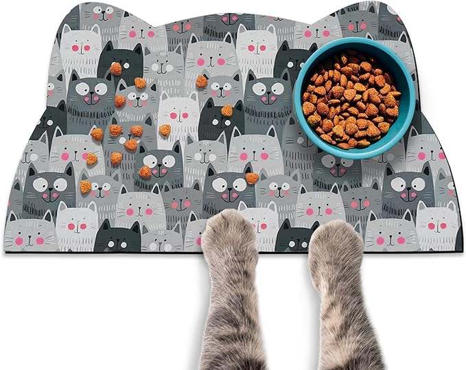 Cat Food and Water Bowl Mat - Pet Feeding Absorbent Placemat for Floor, Grey Small 17.7 * 9.8 Inch